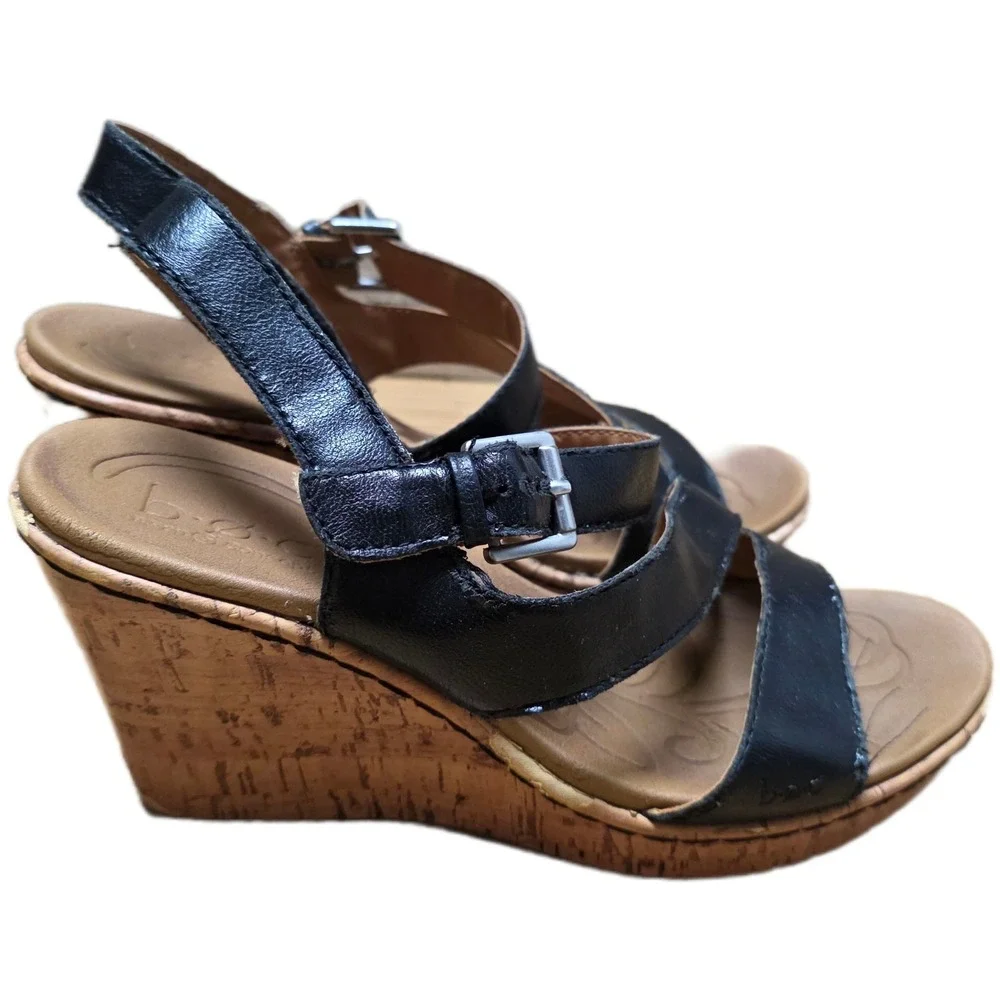 Boc Born Concept Schirra Wedge‎ Sandals Women's Size 7 M Black Leather Cork
